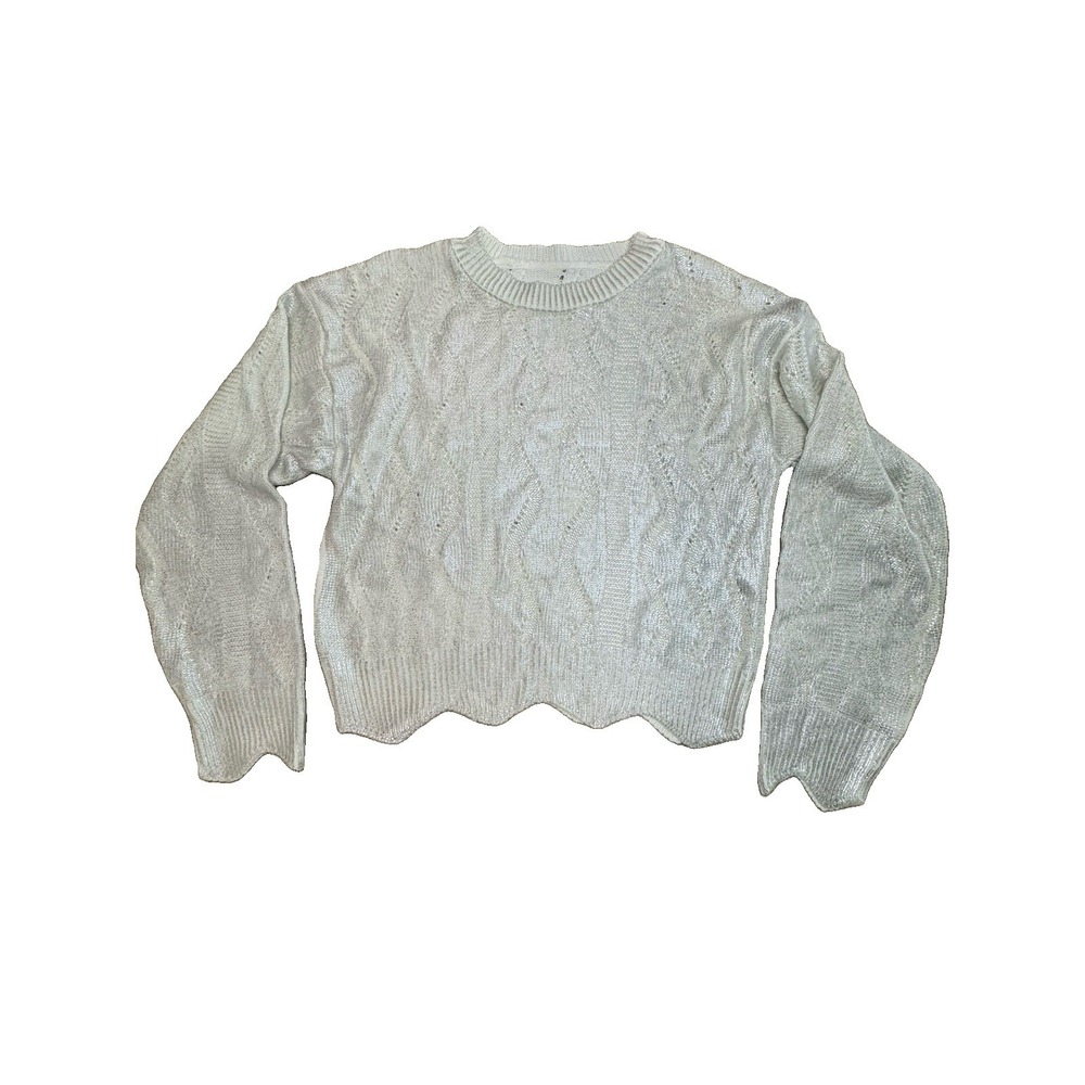 Women Silver Metallic Knit Sweater Scalloped Hem Long Sleeve Shimmer Cream L/XL